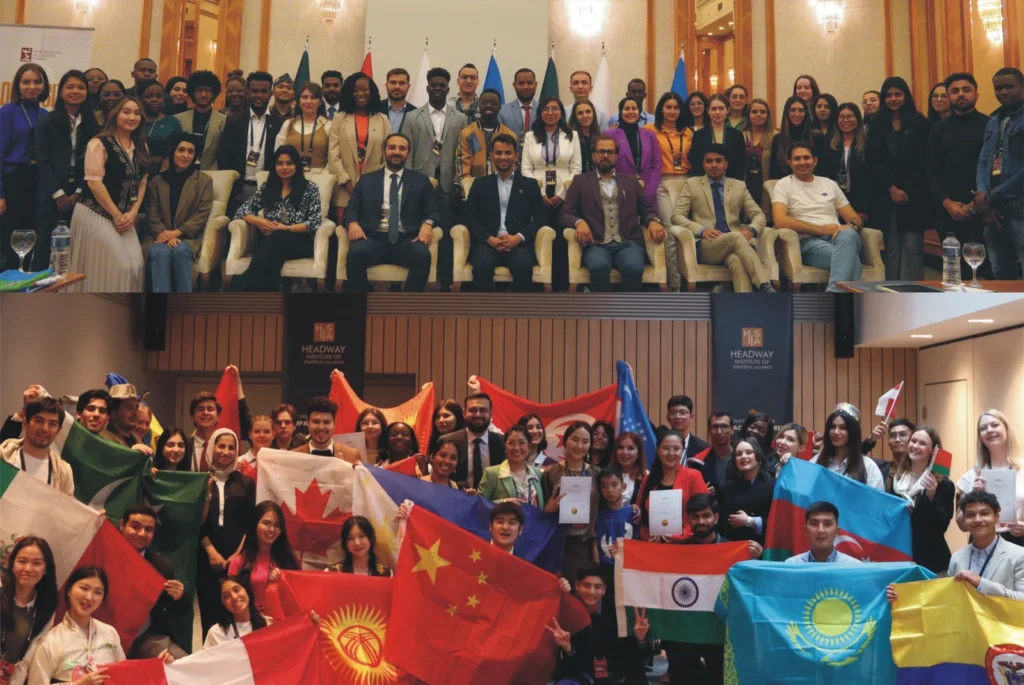 A diverse group of young delegates at a Headway Institute event, shown in two scenes—one formal group photo and one lively gathering with participants holding various national flags.